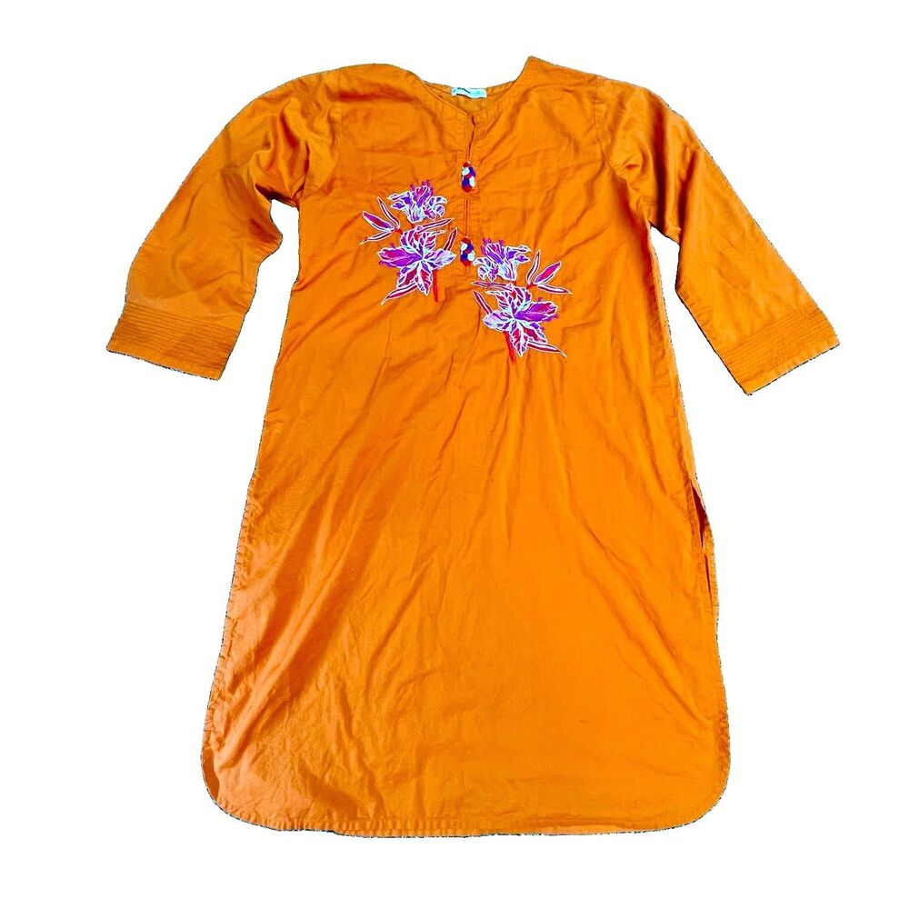 Womans Lightweight Kurta Tunic Top Coverup XL Orange Beaded Floral